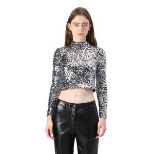 DKNY Women's Sequined Mock-Neck Mesh Crop Gunmetal Black Top S